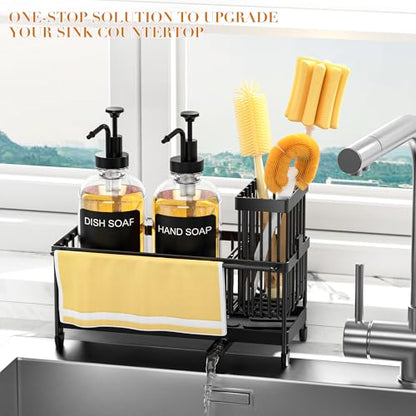Kitchen Soap Dispenser Set with Sponge Holder and Towel Rack, 17OZ Glass Bottle, Hand and Dish Soap Dispenser Set, Non-Slip Silicone Pad, Brush Holder, Sink Organizer Countertop (Transparent) - color: Transparent