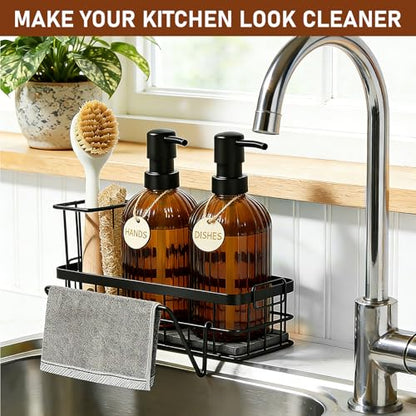 Kitchen Soap Dispenser Set, 14.4 oz/425 ml Hand and Dish Soap Dispenser Set, Dish Soap Dispenser with Sponge Holder & Diatomite Tray, for Countertop Organizer, Amber - color: Amber