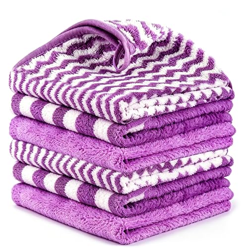 Microfiber Cleaning Cloth 6 Pack, Ultra Soft Super Absorbent Lint Free Dish Towels with Hanging Loop, 13.5x29 Inch Purple Reusable Kitchen Towels for Kitchen, Window, Car, Household - color: Purple, size: 13.5×29inches
