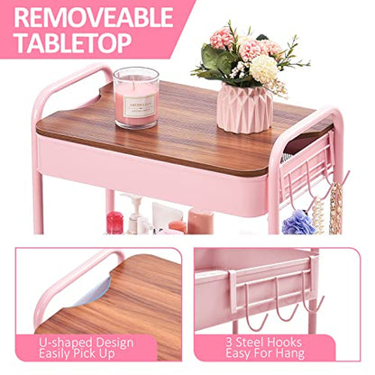 TOOLF 3-Tier Rolling Cart with Table Top, Metal Storage Cart on Wheels, Utility Organizer with Wooden Tray, Lockable Casters, Easy Assembly for Bathroom, Living Room, Office, Bedside, Pink - color: Pink