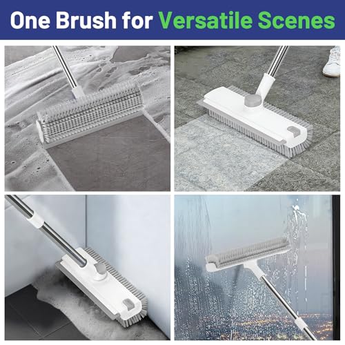 Floor Scrub Brush with Long Handle: 3 in 1 Heavy-Duty Floor Scrubber Brush with Squeegee for Cleaning Tile Bathroom Deck Kitchen Patio - White - color: White