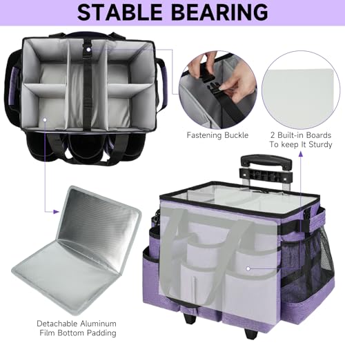 Large Rolling Cleaning Caddy Bag with Detachable Trolley,Cleaning Cart on Wheels with Shoulder Strap,Cleaning Supplies Organizer for Housekeepers,Purple - color: Purple