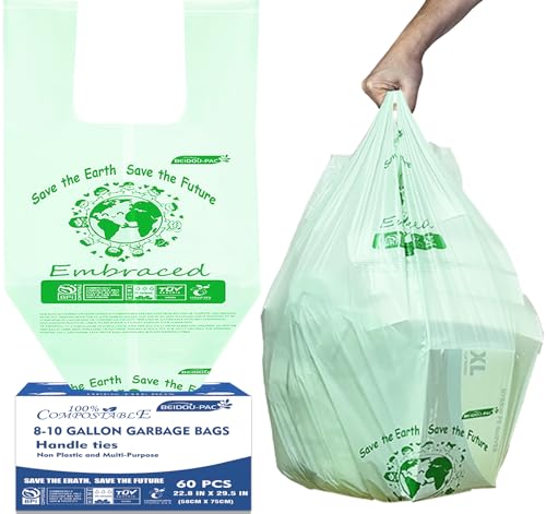 BEIDOU-PAC 8-10 Gallon Compostable Trash Bags, 60 Count - Ideal for Kitchen & Food Scrap Waste, US BPI Certified to ASTM D6400 Standard - style: Handle | 8-10 Gallon | 60 Count