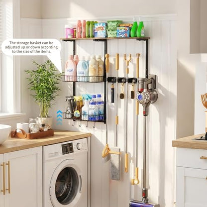 Broom Holder Wall Mount，Mop Rack With Storage Basket,Diversity Laundry Room Cleaning Tool Storage container，Suitable Family Garage Kitchen Organization Wall-Mounted Rack (Black, Medium)