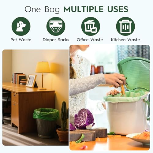 Compostable Trash Bags 1.2-1.6 Gallon Handle Tie 50 Count 0.6 Mil 6.06 Liter Small Compost Bags for Countertop Bin Biodegradable Bags Green for Kitchen ASTM D6400 & BPI Certified, OK Compost Home - color: 1.6 Gal, Handles Bags, 50 Count
