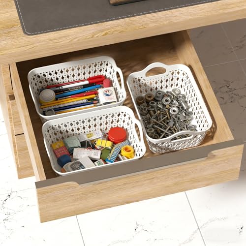 Set of 12 Plastic Storage Baskets Tray with Handle, Small Organizing Baskets for Desk, Drawer, Home, Office (White) - size: Small