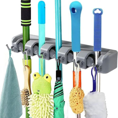 PP Plastic Multi-Function Broom & Mop Wall Mount Holder (16.93.352.36in, Gray) - Screw-Mounted Space Saver for Kitchen/Garage/Garden Tool Organization