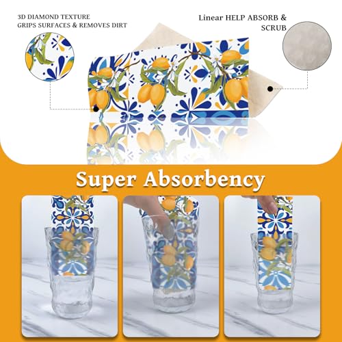 Lemons Swedish Dishcloths for Kitchen, 6 Pcs Reusable Tiles Lemons Sponge Cleaning Cloths, Absorbent Summer Yellow Fruit Dish Cloths Towels Wipes for Cooking Home Decoration Housewarming Gift - style: Tiles Lemons