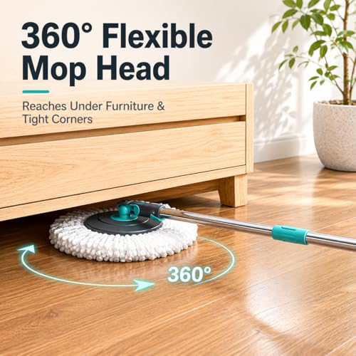 Lambert Home Mop and Bucket Set - Spin Mop with Wringer, Hands-Free Self-Wringing Microfiber Floor Mop, 2 Washable Mop Heads, 42-50 inch Stainless Steel Handle, for Hardwood Tile Laminate, Gray-Blue