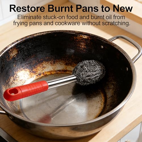 2PCS Steel Wool Scrubber with Handle Rustproof, Cast Iron Scrubber, Stubborn Messes Pot Brush, Remove Dirt for Cleaning Stoves,Sinks Dishes Grills Bowls & Metal Wire Sponge for Kitchens - color: Red