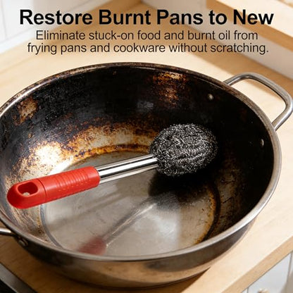 2PCS Steel Wool Scrubber with Handle Rustproof, Cast Iron Scrubber, Stubborn Messes Pot Brush, Remove Dirt for Cleaning Stoves,Sinks Dishes Grills Bowls & Metal Wire Sponge for Kitchens - color: Red