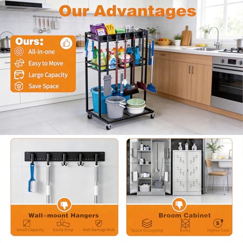 Easy-Assembly Broom Holder Cart for Laundry | Sturdy & Multifunctional Storage Cart, 22" Wide, 300-lb Capacity, Lock-brake Wheels, Holds Vacuum & Steam Mop