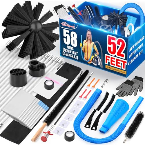Sealegend 58-Piece 52-Feet Dryer Vent Cleaner Kit, Dryer Cleaning Tools, Omnidirectional Dryer Lint Vacuum Attachment, Dryer Vent Brush, Universal Vacuum & Dryer Adapters (Blue) - size: 52 Feet