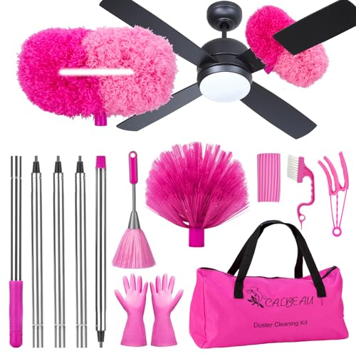 CALBEAU Ceiling Fan Cleaner Duster with 60 inch Extension Pole, Dusters for Cleaning High Ceiling Fan Blades, Dusters Kit with Storage Bag, Cleaning Tools for Families (13pcs) - color: Pink