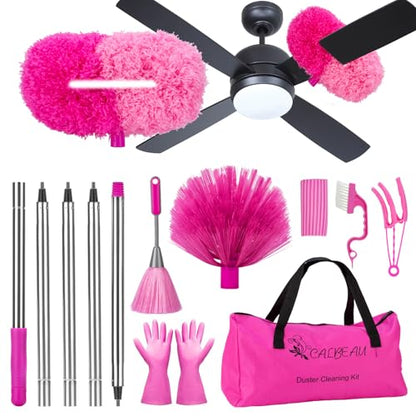 CALBEAU Ceiling Fan Cleaner Duster with 60 inch Extension Pole, Dusters for Cleaning High Ceiling Fan Blades, Dusters Kit with Storage Bag, Cleaning Tools for Families (13pcs) - color: Pink