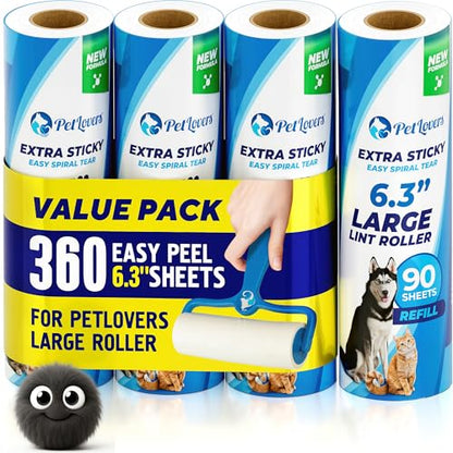 PetLovers 6.3" Extra Sticky Lint Roller 4 Pack of Large Refills Only - No Handle Included - 90 Sheets Per Refill 360 Sheets Total 4 Pack - size: 4 Pack Large Refills