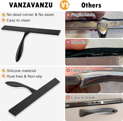 Shower Squeegee for Glass Doors & Microfiber Scrubber Kit 11Inch Window Washing Tools with Non-Slip Handle and Adhesive Hook - color: Black+grey