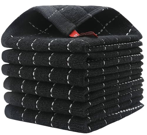 Cotton Dish Towels for Kitchen, Dish Cloths Set of 6, 12”x12”,Black | Soft Washcloths, Multipurpose Dish Rags for Washing Dishes,Absorbent Cleaning Rags For House - color: Black, size: 12 x12 inches