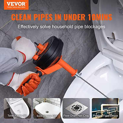 VEVOR Drain Auger 25Ft, Plumbing Snake with Drill Attachment, Plumbers Snake Drain Clog Remover for Kitchen Bathroom Shower Sink with Protective Hose and Gloves - style: Manual-Feed