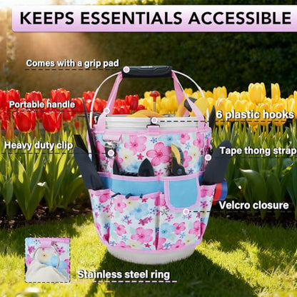 KUNN Gardening Gift for Women Men 5 Gallon Bucket Tool Organizer with 18 Pockets, Heavy-Duty Bucket Buddy Caddy Bag, Garden Tools Organizer Storage with Comfort Grip Handle Pad Attachment,Pink - style: Pink Blossom