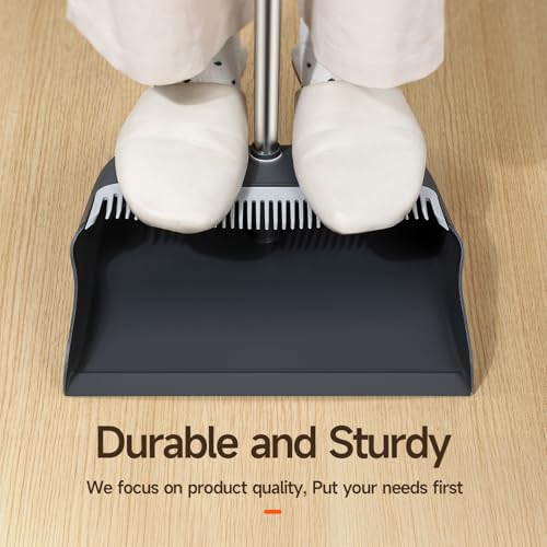 CTIME Broom and Dustpan Set, Extra Brush Head & 52" Adjustable Long Handle Standing Dustpan Set, with Dust Pan Teeth to Clean Pet Hair, Easy Sweeping Suitable for Home Kitchen Office Lobby