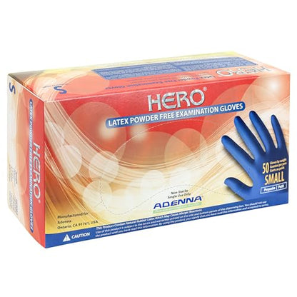Adenna HER002 Hero 14 mil Powder-Free Latex Gloves, Extended Cuff, Medical Grade, Blue, Small, Box of 50 - size: Small (Pack of 50)