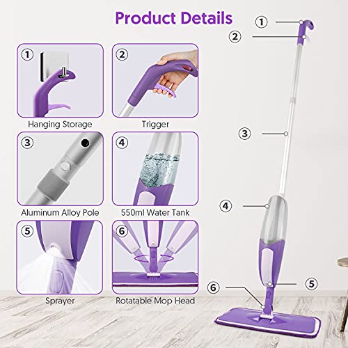Spray Mop for Floor Cleaning - SEVENMAX Microfiber Floor Mop with 550ML Refillable Bottle 3 Washable Pads Kitchen Dry Wet Flat Dust Mop for Cleaning Hardwood Laminate Wood Ceramic Marble Tile Floors - size: Purple Mop - 3 Pads