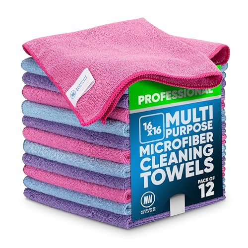MW Pro Microfiber Cleaning Cloth |Pink, Purple, Blue (12 Pack) | Size 16" x 16" Multi Surface Microfiber Towels - color: Pink, Purple, Blue