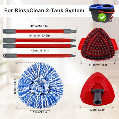Mop Handle Mop Replace Heads and Mop Base Brush Replacement for O Cedar EasyWring 2-Tank System Include 3 Spin Mop Replacement Head, 4-Section Mop Handles, 1 Base and 1 Scrub Brush Combo - color: 3 Blue Mop Heads + 1 Set Mop Handle ( 2 Tank )