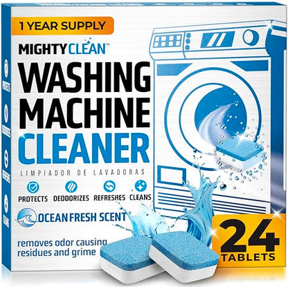 MIGHTY CLEAN Washing Machine Cleaner Tablets 24 Pack - 1 Year Supply, Septic Safe Washing Machine Cleaning Tablets, Washer Cleaner Tablet, Works with All Washers Including HE