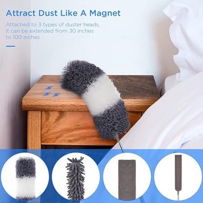 UIMO Microfiber Feather Duster 5-in-1 Kit for Dusting and Cleaning – 30–100" Extension Pole, Anti-Slip Grip, Bendable Washable Heads for Ceiling Fan, Furniture, Car (Blue) - color: Blue