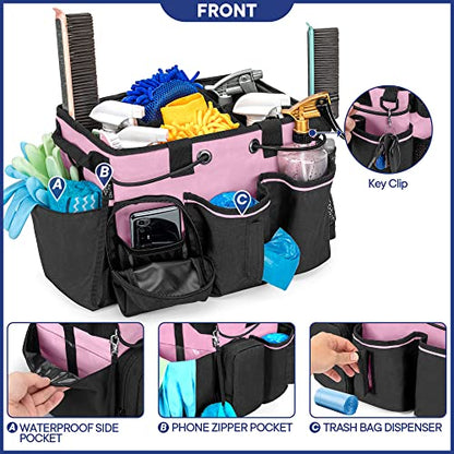 LoDrid Large Professional Cleaning Caddy with Detachable Divider, Supply Organizer with Handle and Shoulder Strap, Cleaning Bags for Housekeepers & Cleaners, Pink - color: Pink