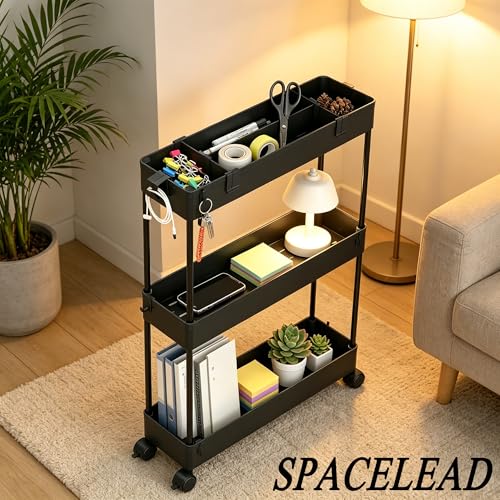 SPACELEAD Slim Storage Cart 3 Tier,Bathroom Organizer Rolling Utility,Mobile Shelving Unit Slide Out for Office, Kitchen, Laundry Room & Narrow Places,Black - color: Black