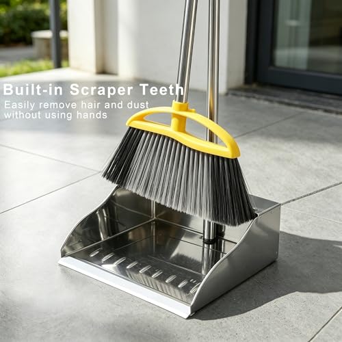 Broom and Dustpan Set, Outdoor Heavy Duty Broom with Stainless Steel Dustpan,Stiff Bristles Broom and Metal Dust Pan for Home
