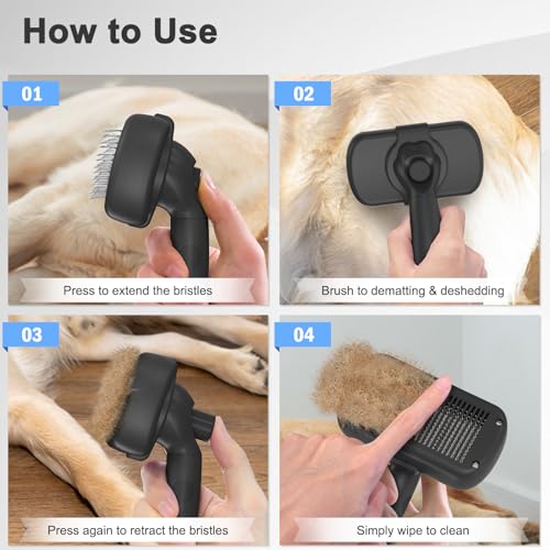 Dipoo Self Cleaning Shedding Brush - Skin Friendly Grooming Tool for Dogs, Cats, and Puppies, Deshedding and Hair Removal for Long and Short Haired Pets, Black - color: Black