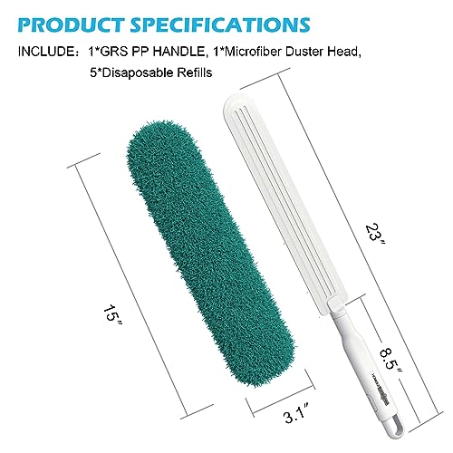 Microfiber Duster, Feather Duster, Dusters for Cleaning, Washable Dusters with Reusable Microfiber Head, Feather Dusters for Cleaning Cobweb, Blinds, Furniture, Cars-Green
