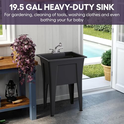 Freestanding Utility Sink with Two Handle Chrome Faucet - 24" Plastic Utility Sink for Garage, Laundry, Indoor and Oudoor Use - Laundry Tub Kit by Noah William Home - Black (19.5 gal) - color: Black - Two handle chrome faucet