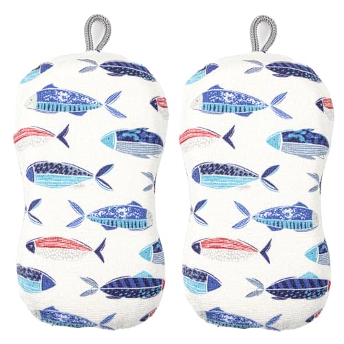 MÜkitchen Premium Microfiber Sponge Set for Dishes and Cleaning, 2 Pack, Printed (Fish) - color: Fish