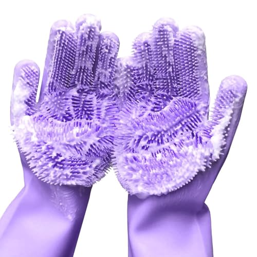 Silicone Dishwashing Gloves, Pet Grooming Rubber Scrubbing for Dishes, Sponge Wash Cleaning with Scrubbers (13.6" L) - color: Purple