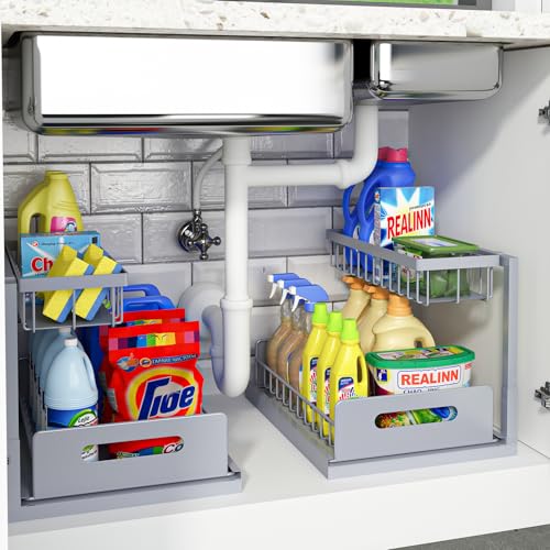 REALINN Under Sink Organizer, Pull Out Cabinet Organizer 2 Tier Slide Out Sink Shelf Cabinet Storage Shelves, Storage for Kitchen Bathroom, Grey, 2 Pack - color: Grey, size: 2 Pack