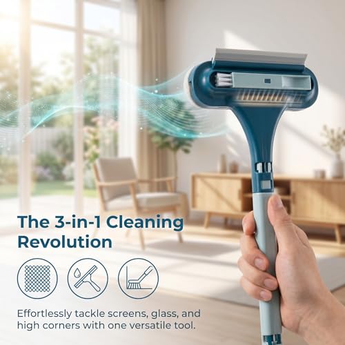 2-in-1 Multi-Purpose Cleaning Brush, Window Screen Cleaner Tool with Squeegee, Mesh Screen Cleaner, Cleaner Tool for Window, Door, Porch Screens (1PCS Blue) - color: 1pcs Blue