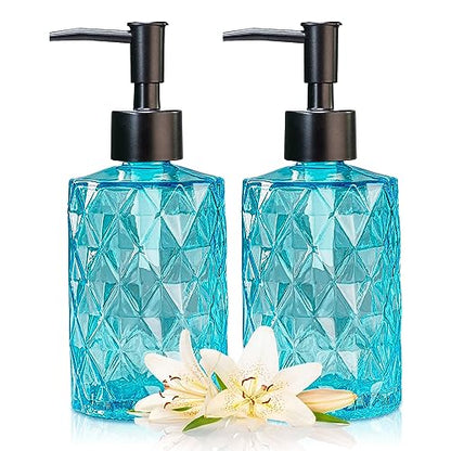 Clear Ocean Blue Glass Soap Dispenser with Plastic Pump, 2 Pack 12oz Diamond Design Bathroom Soap Dispenser for Hand Wash, Lotion Dispenser & Dish Soap Dispenser for Kitchen and Bathroom - color: Diamond Blue