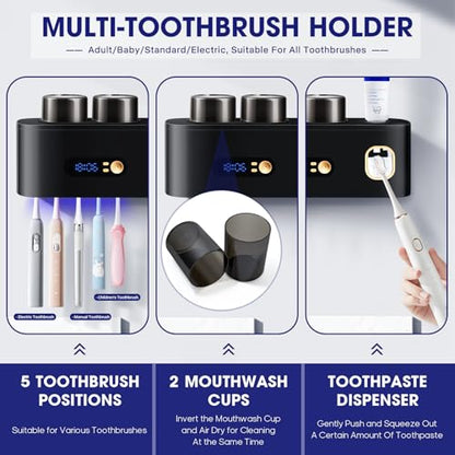 Toothbrush Cleanerst Holders,Smart Drying and Cleaning Wall Mounted Holder with Automatic Toothpaste Dispenser, 5 Brush Slots 2 Cups for Bathroom (Black) - color: Black