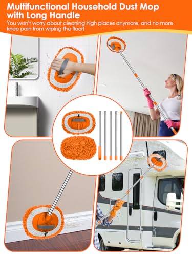 2 in 1 Lightweight Wall Cleaner Mop with Long Handle 75" 190cm Lint-Free Chenille Duster Mop for Kitchen Baseboard Floor Ceiling Glass Window Roof Adjustable Cleaning Brush Tool, 2 Replacement Heads - color: Orange