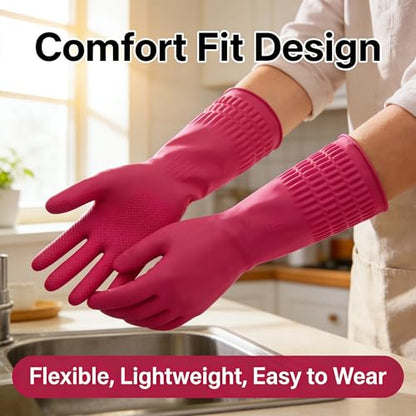 Long Cuff Rubber Cleaning Gloves for Household and Kitchen, Durable Dishwashing Gloves with Textured Grip, Medium Size Protection Reusable for Deep Cleaning, Mopping, and Car Detailing, Pink