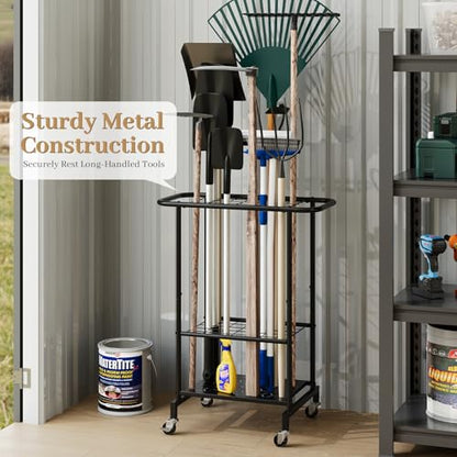 Garden Tool Organizer with Wheels, Heavy Duty Metal Garage Tool Storage Rack, Yard Tool Holder for Long-Handled Tools, Rakes and Brooms, Indoor and Outdoor Use for Shed, Patio - style: Tool Rack with Wheels