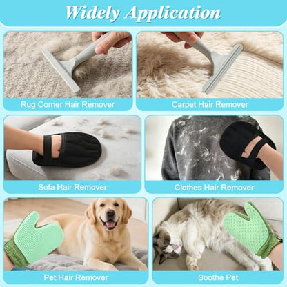 4 in 1 Carpet Rake for Pet Hair Removal - Reusable Pet Hair Removal Glove for Dog Cat Fur Remover, Contain 23-54" Rubber Broom, Silicone Comb Gloves, Magic Brush and Small Scraper for Sofa, Rugs, Mats