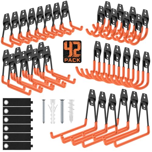 Heavy Duty Wall Mount Garage Hooks, 42-Pack | Hanging Storage for Bikes, Ladders, Hoses, Ropes, Garden Tools - For Warehouse, Workshop, Shed, Shop, Yard - color: 42 Pack Orange