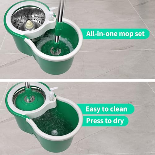 Spin Mop and Bucket, Mop and Bucket with Wringer Set 360° Spinning Mop with 3 Microfiber Mop Refills 61" Adjustable Handle for Floor Cleaning - color: Green