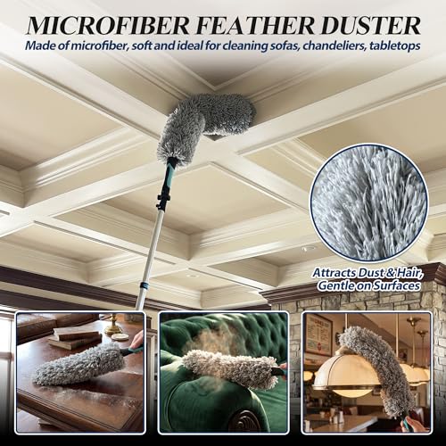 COVERONICS 25FT High Duster Cleaning Tools with 5-20FT Extension Poles - Reusable Fan Duster Cleaning Kits with Ceiling Fan Cleaner Duster, Window Squeegee, Microfiber Feather Duster & Cobweb Duster - size: 24FT